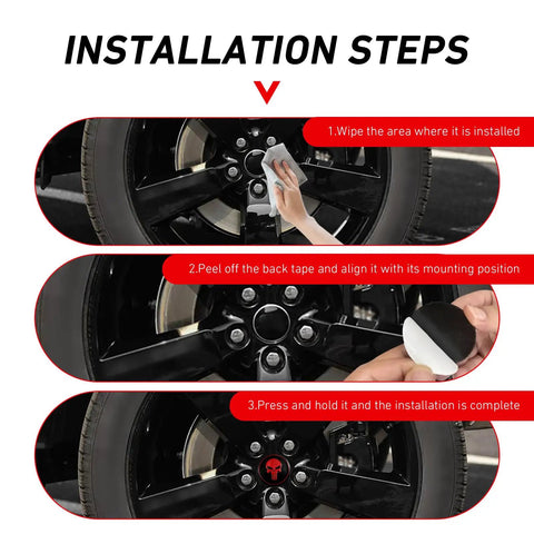 Installation steps for Four Pack Car Wheel Center Hub Caps With Metallic Skull Badge on a black wheel displaying adhesive process.
