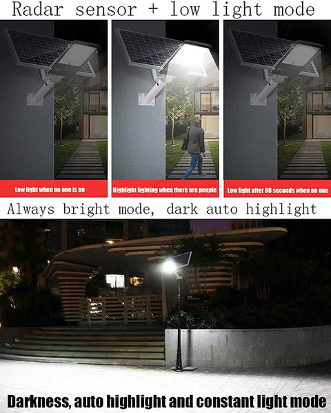 Heavy Duty Solar Flood Lamps With Slick Remote Control And Killer Radar Sensor For Tough Dusk Till Dawn Yard Driveway Gate Or Parking Lot Security Lighting in low light and bright modes.