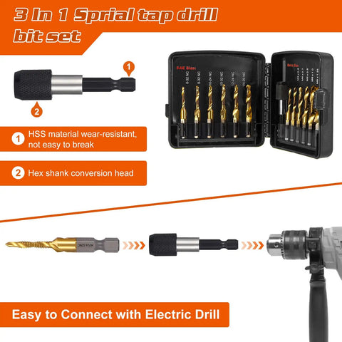 Pro Grade Titanium Drill Tap Set 13Pc HSS SAE And Metric Bits With Quick Change Adapter shown with electric drill