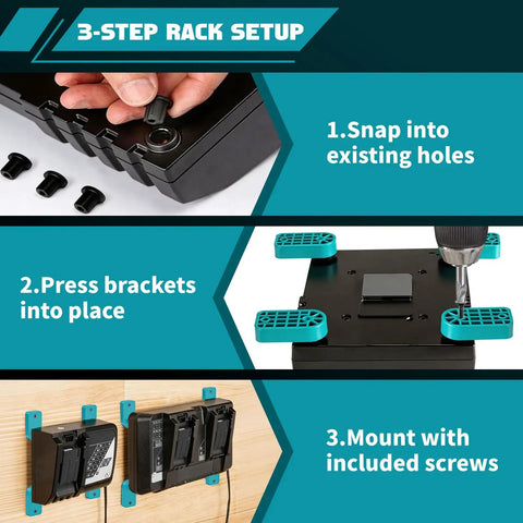 Charger Mount Holder For 18V Cordless Chargers DC18RC DC18RD DC18RA DC18RF DC18SC DCB18SD DC18SF Open Frame Wall Mount With Heat Dissipation setup guide with 3-step installation process.