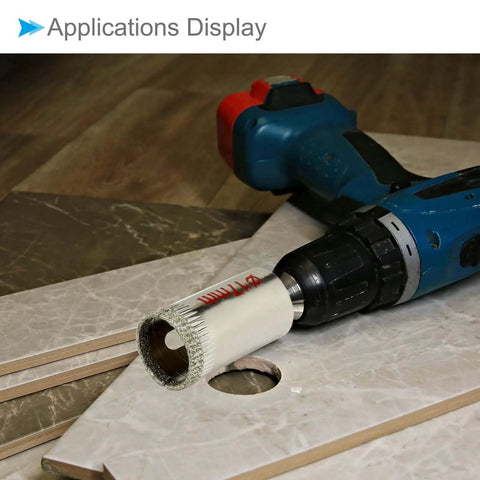 Side view: CoCud 5-piece diamond drill bits set with 15mm core bit and blue cordless drill drilling tile.