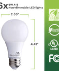 Nine Watt A19 LED Bulbs 2700K Warm White, 60 Watt Equivalent, 6 Pack with size and certification details on green background