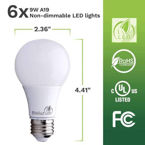 Nine Watt A19 LED Bulbs 2700K Warm White, 60 Watt Equivalent, 6 Pack with size and certification details on green background