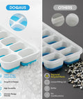Comparison of Four Pack Silicone Ice Cube Trays With Lid And Storage Bin Includes Scoop showing durability and design features.