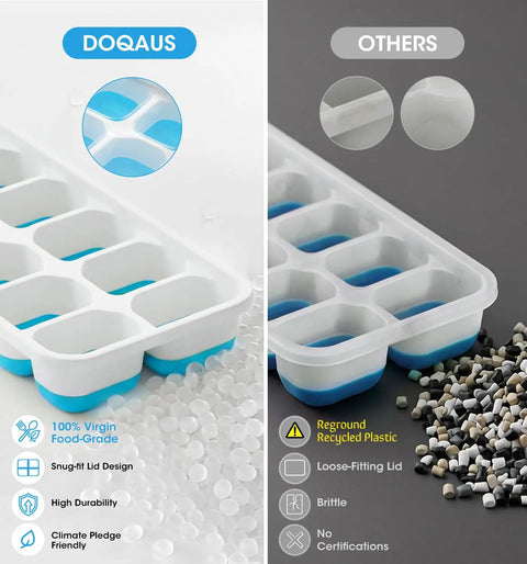 Comparison of Four Pack Silicone Ice Cube Trays With Lid And Storage Bin Includes Scoop showing durability and design features.