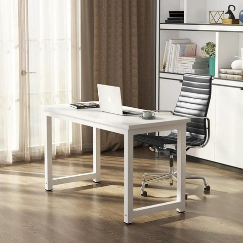 Modern 47 Inch White Computer Desk For Home Office With Wide 24 Inch Desktop And Stable Metal Legs With Adjustable Floor Pads Built For Your Setup And Great For Computer Monitor Printer Writing And Study