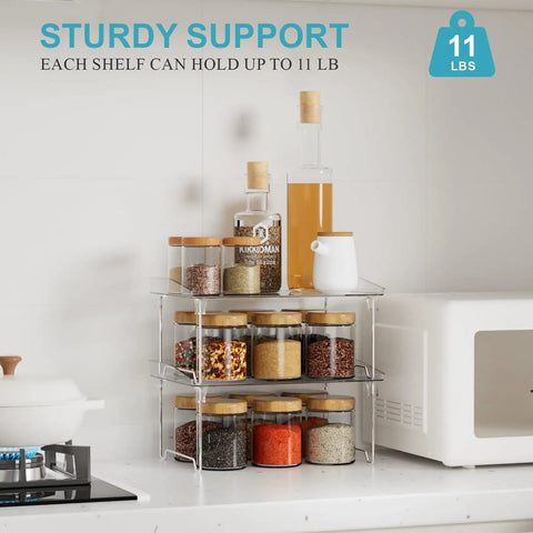 Heavy Duty 2 Pack Stackable Kitchen Counter Spice Rack And Cabinet Organizer Shelf Featuring Clear Plastic Base With Sturdy Stainless Steel Supports For Pantry Bathroom Vanity Organization That Truly Slaps showcasing spices.
