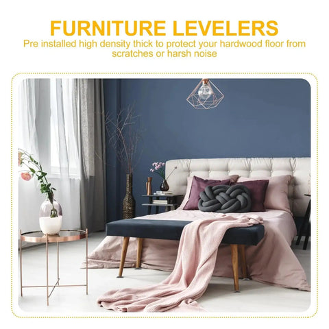 Adjustable Leveling Pads For Cabinets And Furniture, Heavy Duty Feet With T-Nut Slides, shown under a bedroom bench.