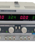 Front view of Digital Variable Triple Output DC Power Supply 0-30V 0-5A With CV CC Modes, Backlit LCD, Auto Cooling Fan, on a bench.