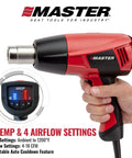 Person holding Beefy Heavy Duty Industrial Electric Heat Gun with Quick Change Element, showing settings and controls.