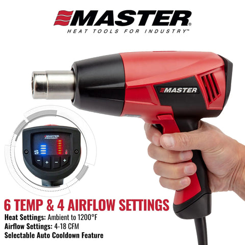 Person holding Beefy Heavy Duty Industrial Electric Heat Gun with Quick Change Element, showing settings and controls.