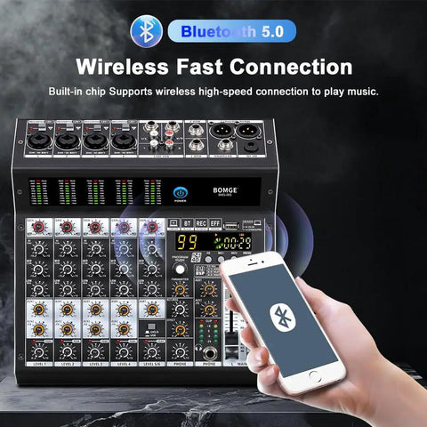 Six Channel Pro Audio Mixer With 99 DSP Effects Phantom Power 48V Bluetooth USB Interface Two Aux Sends FX Processor with smartphone