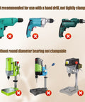 Image showing incompatible drill types for Square Hole Drill Bit And Mortiser Chisel Set For Drill Press, unsuitable for hand drills.