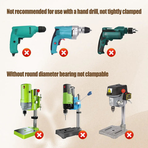 Image showing incompatible drill types for Square Hole Drill Bit And Mortiser Chisel Set For Drill Press, unsuitable for hand drills.