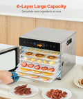 Six Tray Stainless Steel Food Dehydrator With 400W Power, Adjustable Temperature, And 24 Hour Timer in use with fruit and jerky.