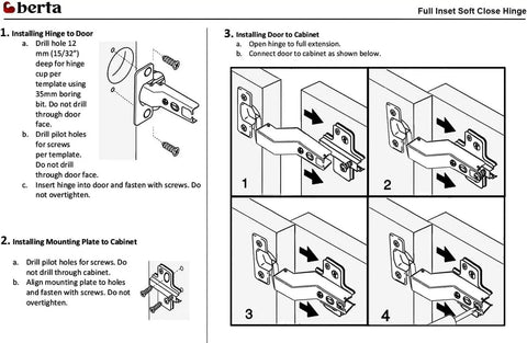 Diagram showing installation steps for 4 Pack Inset Frameless Soft Close Hinges With 3D Adjustable Clip On Concealed European Hinges.