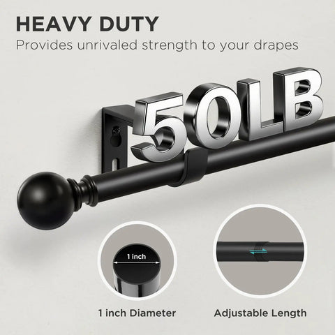 Heavy Duty Adjustable Curtain Rod Set 32 To 120 Inches 1 Inch Diameter Black Finish for Bedroom, Sliding Doors, Patio, Strong Support