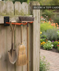 Heavy Duty Iron Tool Rack For Garage Organization, Vertical Wall Mount Storage For Shovels, Rakes And Brooms on fence