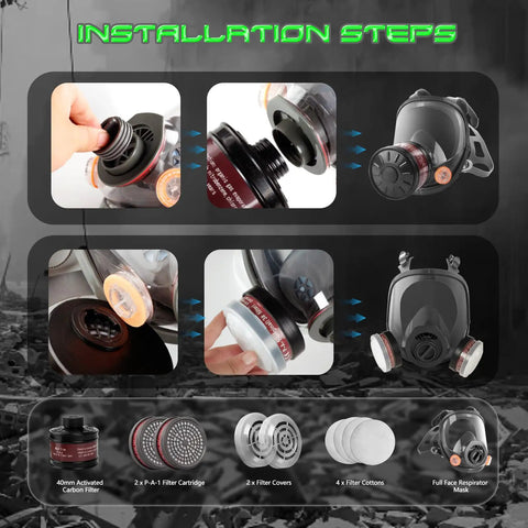 Street Ready Survival Gas Mask With 40mm Activated Carbon Filters PA1 Full Face Respirator installation steps and components