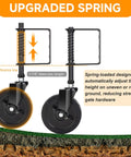 Image of spring-loaded gate wheel with 360 degree swivel and automatic height adjustment for heavy gates, showing upgraded spring design.