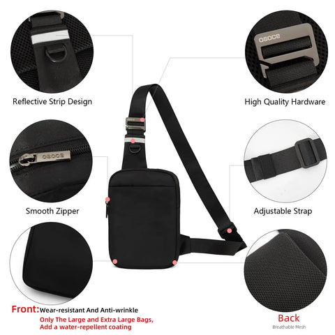 Sling Bag With RFID Blocking, Ultra Lightweight Travel Chest Pack features reflective strip, high-quality hardware, and adjustable strap.