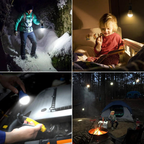 Portable LED Camping Lantern With 3 Lighting Modes Hanging Clip Tent Light in diverse settings, including camping and reading.