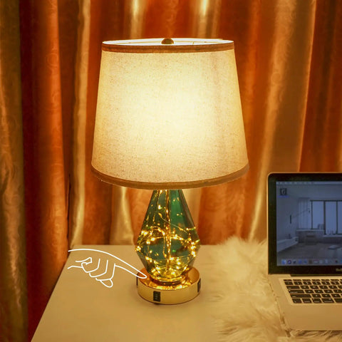 Blue Green Glass Table Lamp Set Of 2 With Fast 20W PD QC 3.0 USB C And USB A Chargers 3 Way Dimmable Touch Bedside Lamps With LED Fairy Lights