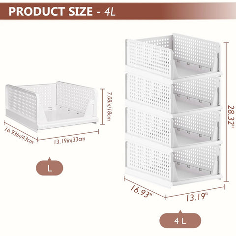Stacked view of white PP plastic Four Pack Folding Closet Organizer Bins with Stackable Design for Wardrobe, Closet, Kitchen, Bathroom.