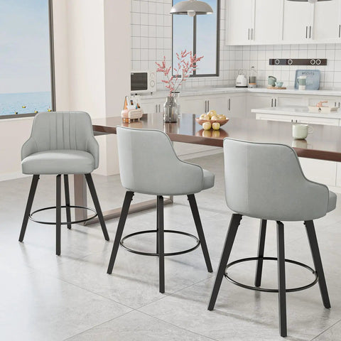 Swivel Bar Stool With Back Rest 26 Inch Counter Height Gray Linen Fabric Upholstered Seat Comfy Cushioned Comfort Solid Wood Legs