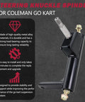 Right Hand Steering Knuckle Spindle For Go Karts Compatible With KT196 CK196 T KT194 196cc 6.5 HP Gas Powered Models Replacement Quad Part For Steering Linkage And Suspension, shown in metal alloy with installation details.