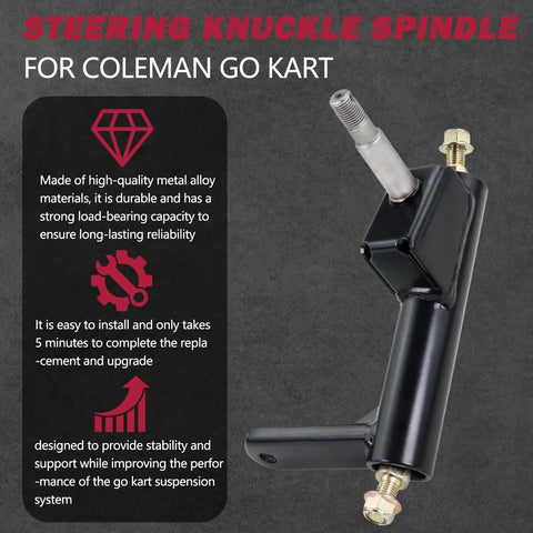 Right Hand Steering Knuckle Spindle For Go Karts Compatible With KT196 CK196 T KT194 196cc 6.5 HP Gas Powered Models Replacement Quad Part For Steering Linkage And Suspension, shown in metal alloy with installation details.