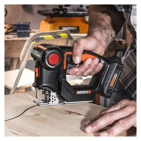 No Sweat Cordless Jigsaw And Reciprocating Saw Combo For Badass Wood And Metal Cuts, 20V jigsaw in use on wood.