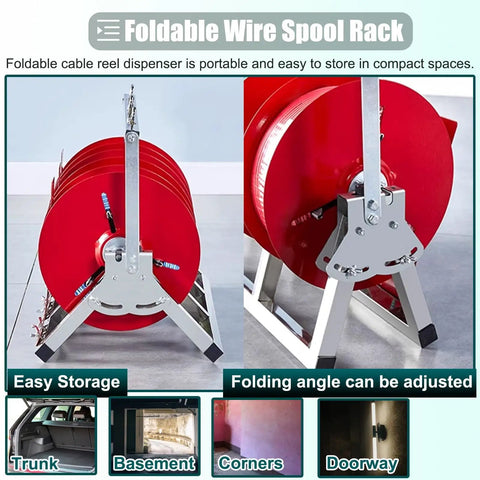 Multi Reel Electrical Wire Dispenser With Plastic Spool And Foldable Portable Cable Caddy in use, 5 reel capacity, red reels