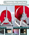 Collapsible Wire Spool Rack Cable Caddy for easy cable storage features stainless steel frame holding red reels