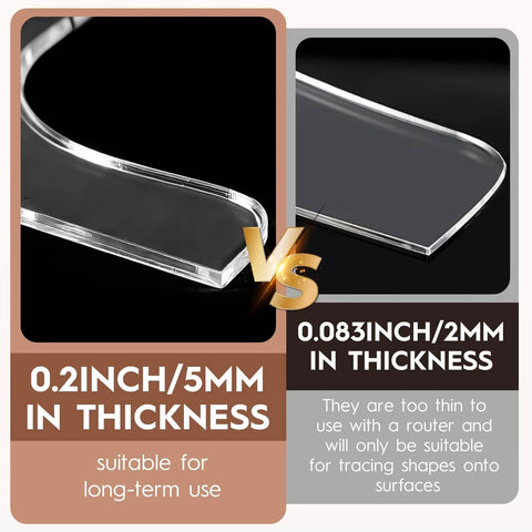 Clear comparison of 0.2-inch vs 0.083-inch thickness in acrylic templates for 8 Piece Acrylic Router Template Set For Woodworking With 6 Charcuterie Board Templates 2 Tray Templates Thick Handle Cutting Board Templates And 3 Marking Pens Angled Curvy Tracing Stencils For Kitchen Projects.