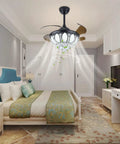 Ceiling Fan with Light Retractable Blades 6 Speeds Modern 2200LM for in elegantly decorated bedroom with crystal design and warm lighting.