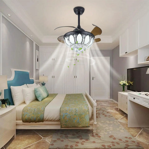 Ceiling Fan with Light Retractable Blades 6 Speeds Modern 2200LM for in elegantly decorated bedroom with crystal design and warm lighting.