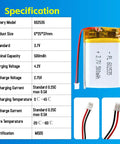 3.7V LiPo Battery 500mAh 602535 Rechargeable Lithium Polymer Pack With JST PH2.0mm Connector specifications