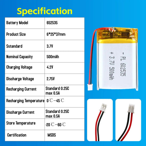 3.7V LiPo Battery 500mAh 602535 Rechargeable Lithium Polymer Pack With JST PH2.0mm Connector specifications