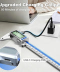 12 Inch Digital Caliper With Rechargeable Stainless Steel Body, Type C Charging, Auto On Off, Quick 50 Minute Charge For Months Of Everyday Use, Ideal For Woodworking, Metalworking, And DIY Projects, Precise Measurements Every Time. USB-C charging port close-up