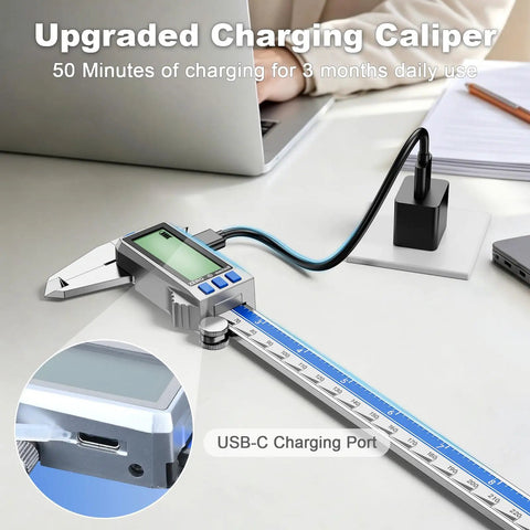 12 Inch Digital Caliper With Rechargeable Stainless Steel Body, Type C Charging, Auto On Off, Quick 50 Minute Charge For Months Of Everyday Use, Ideal For Woodworking, Metalworking, And DIY Projects, Precise Measurements Every Time. USB-C charging port close-up