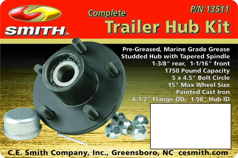 CE Smith trailer hub kit, painted cast-iron hub with 5 studs, 4.5-inch bolt circle, 1750 lb capacity