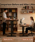 Top Shelf Electric Height Adjustable Computer Desk Featuring Memory Presets And Smooth One Touch Operation with user standing and seated.