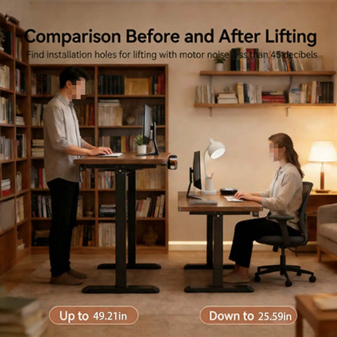 Smooth Riding Electric Height Adjusting Standing Desk With Touch Memory Presets And Heavy Duty Anti Collision Technology Created As A Reliable Gaming Computer Table For Hassle Free Home Office Setups Around Twenty Eight By Fifty Five Inches. Person standing at a high desk beside a seated user at a low desk.