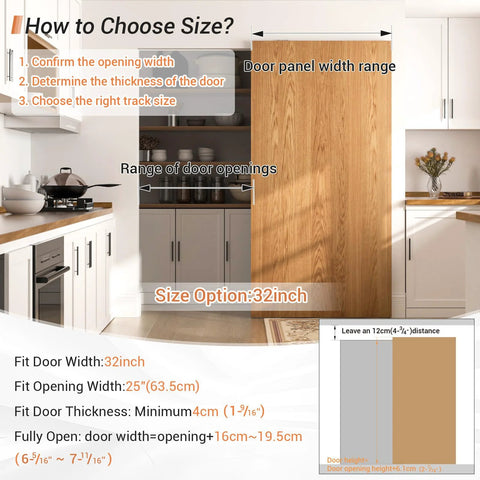 Kitchen with 32 Inch Concealed Sliding Barn Door Hardware Kit With Two Soft Close Mechanisms Aluminum, wall mount, no floor track.