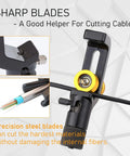 Close-up of Pro Grade Armored Cable Stripper 8-28mm Coax And Fiber Optic Wire Cutter with sharp blades cutting wire