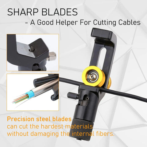 Close-up of Pro Grade Armored Cable Stripper 8-28mm Coax And Fiber Optic Wire Cutter with sharp blades cutting wire