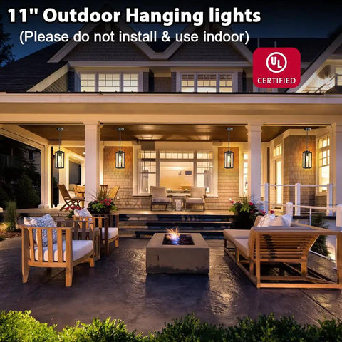 Slick Black Aluminum Outdoor Pendant Light With Tempered Glass, Adjustable 63 Inch Chain Hanging Porch Chandelier For Yard Gazebo And Patio, Super Easy Socket Swap For Weekend Hangout Vibes showcased in outdoor setting.