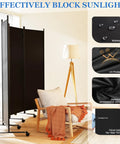 Six Foot Folding Privacy Screen With Lockable Wheels, 4-Panel Room Divider shown in a bright room with chairs and lamp.