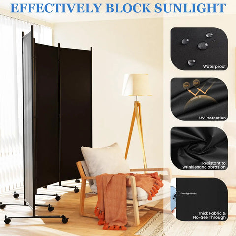 Six Foot Folding Privacy Screen With Lockable Wheels, 4-Panel Room Divider shown in a bright room with chairs and lamp.